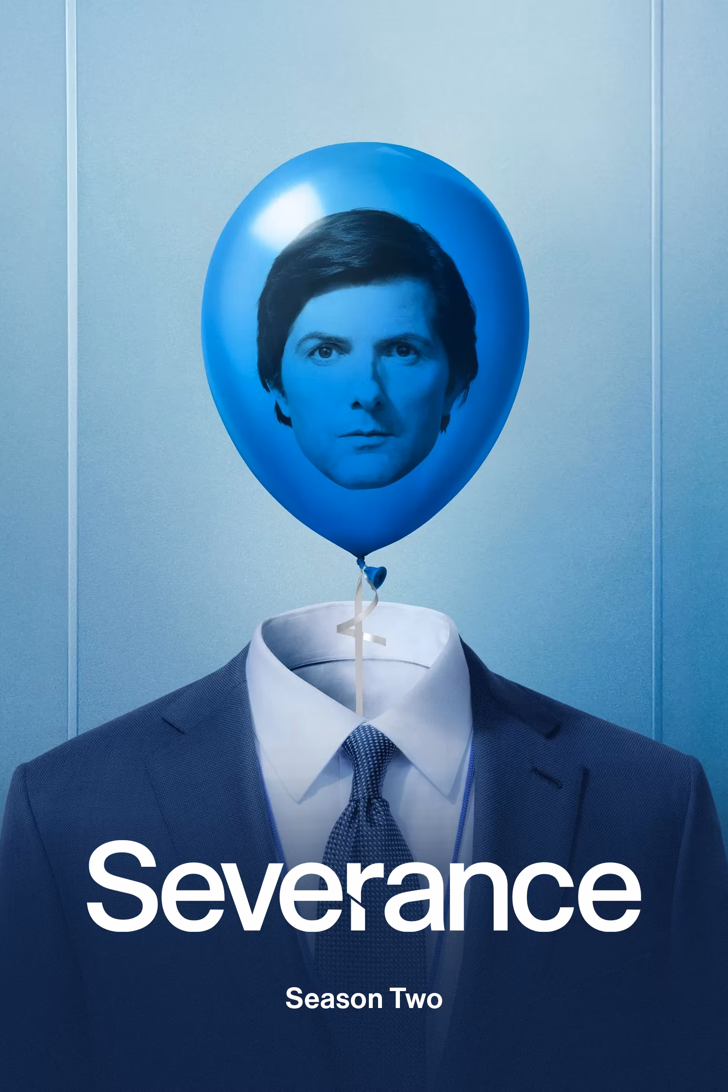 Severance Season 2 Poster, featuring an empty suit with a blue balloon rising out of the collar. The balloon has Mark (Adam Scott)'s face on it. 