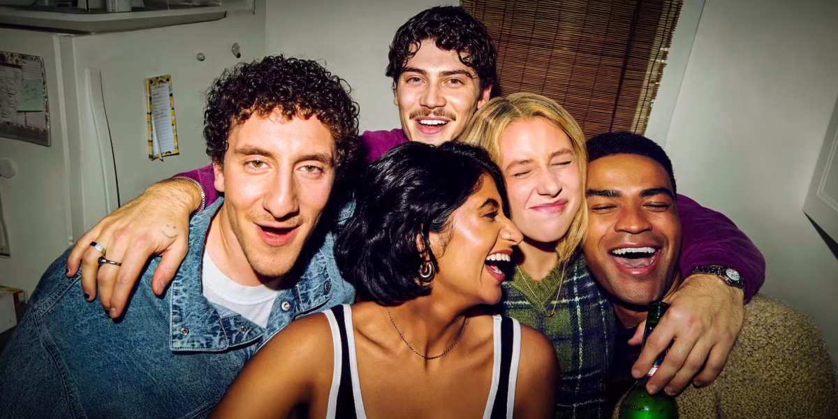 Malik Elassal as Samir Rahman, Jack Innanen as Paul Baker, Amita Rao as Issa, Lucy Freyer as Billie Schaeffer & Owen Thiele as Anton Evans in Adults (2025)
